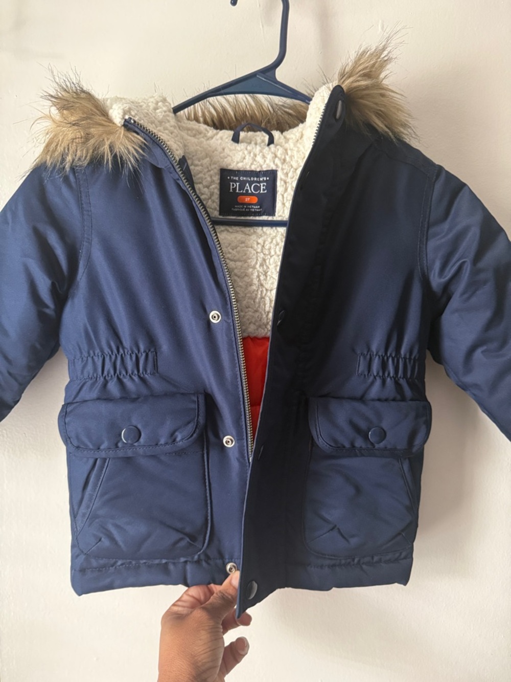 The Children's Place Navy Puffer Jacket with Faux Fur Trim